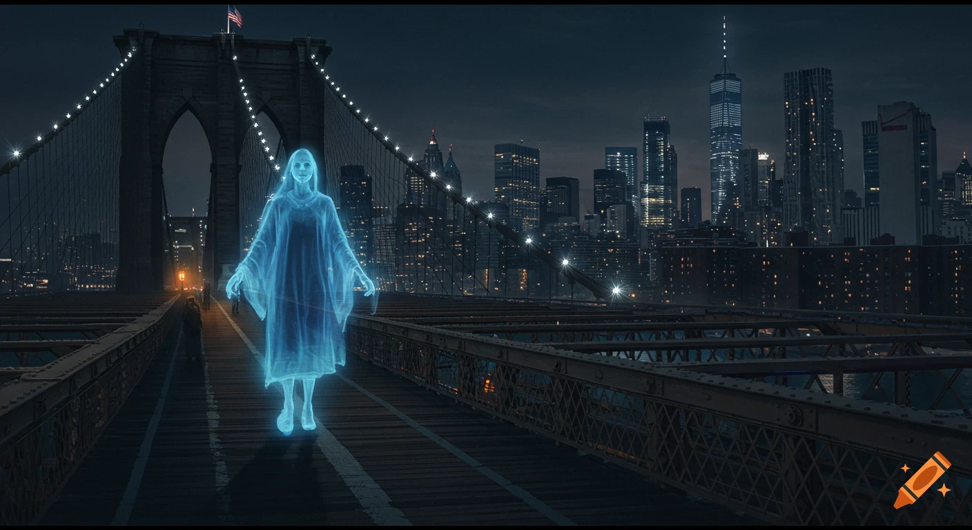 A translucent ghost figure stands on the Brooklyn Bridge at night, with the illuminated New York City skyline in the background.