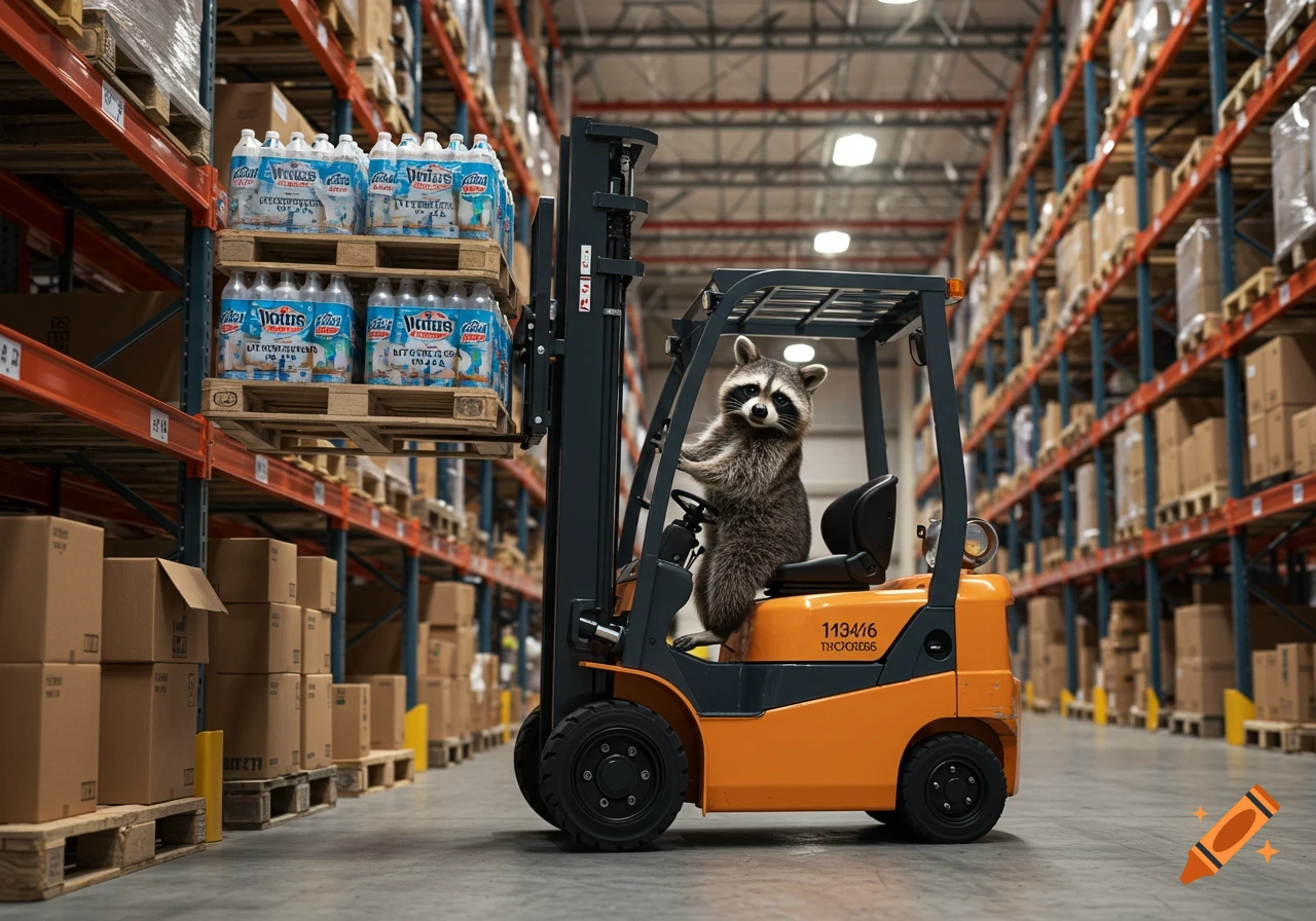 A raccoon drives a forklift carrying pallets of water bottles in a warehouse.