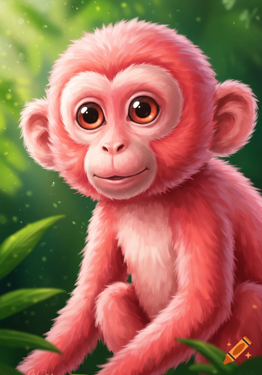 A cute pink monkey sits among green jungle leaves.