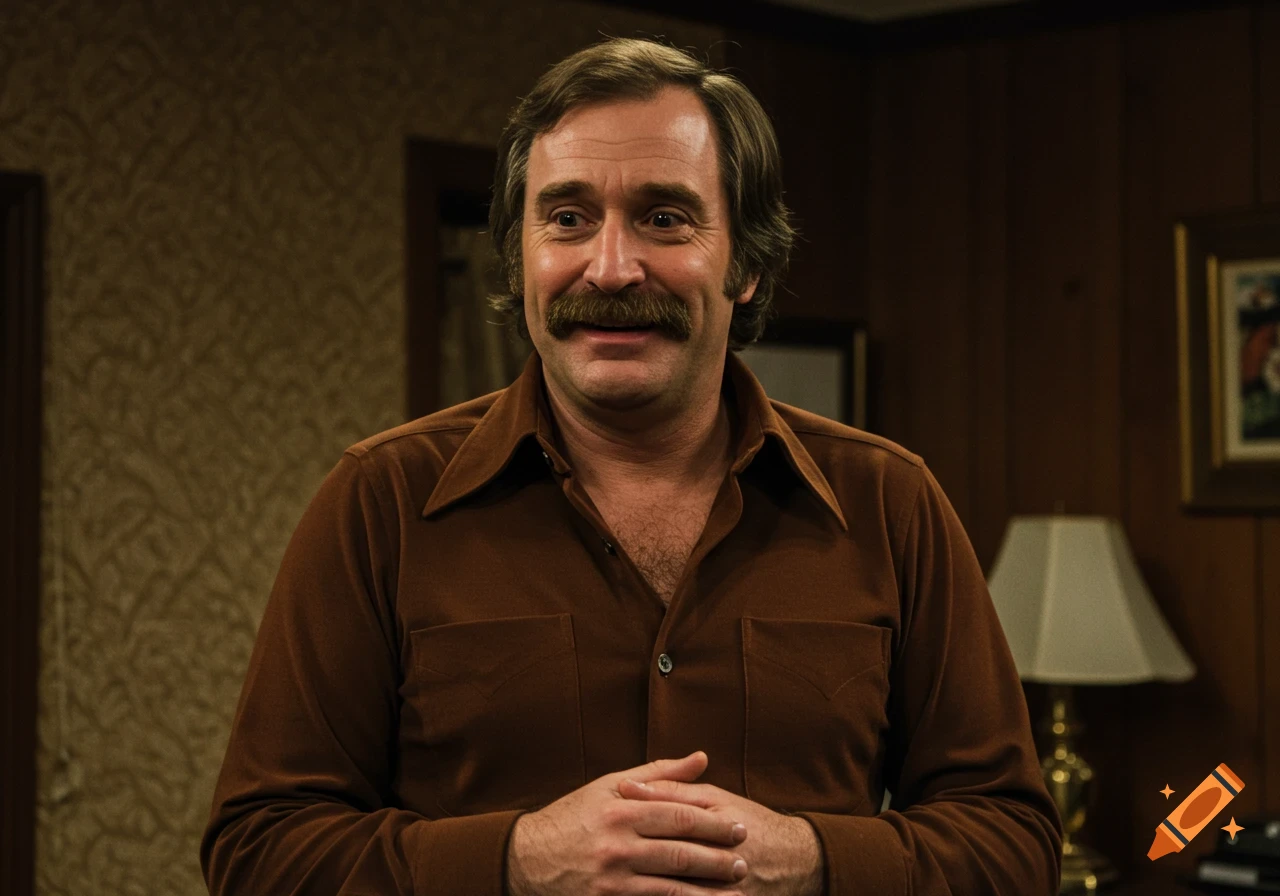 Photorealistic portrait of a man with a mustache wearing a brown 1970s shirt, hands clasped.