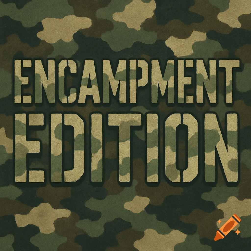 Stencil text 'ENCAMPMENT EDITION' in camouflage on a camouflage background.