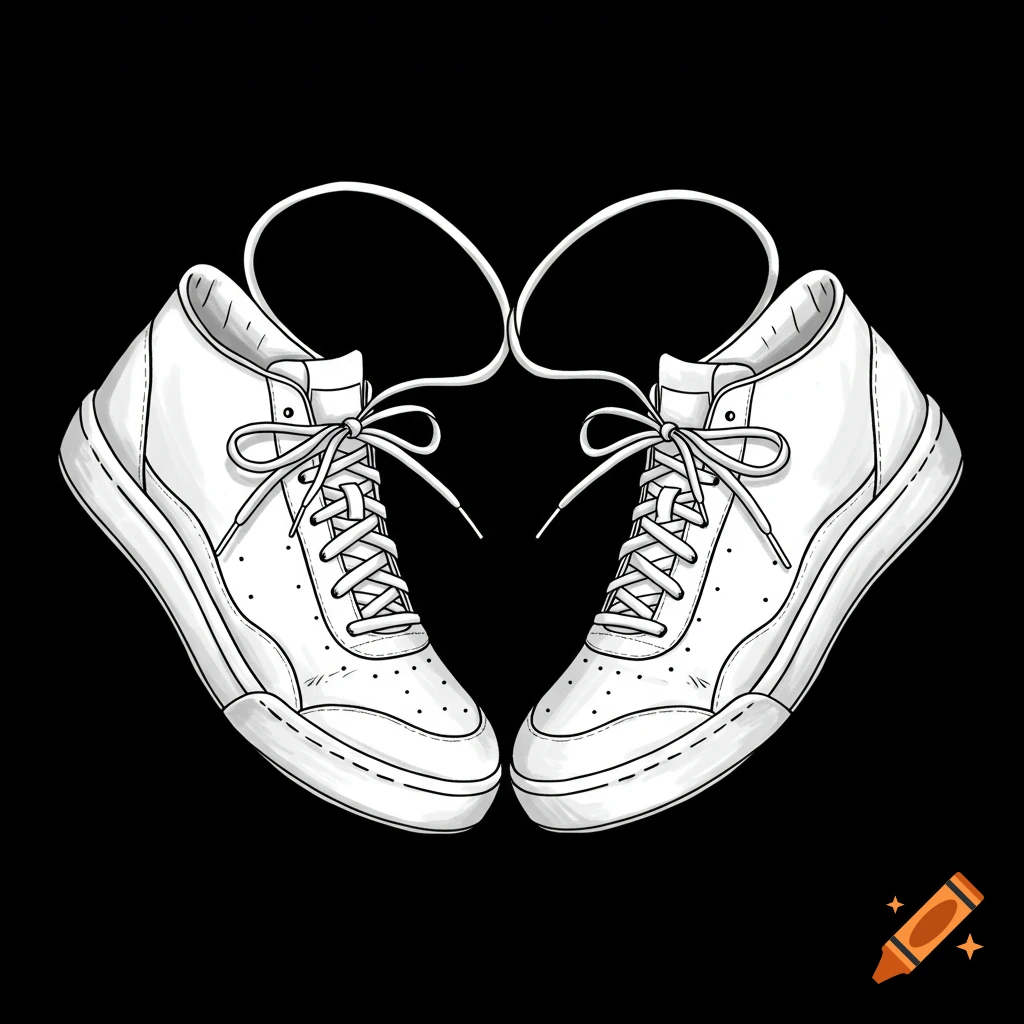 Two white sneakers face each other with their laces forming a heart shape on a black background. Illustration style.