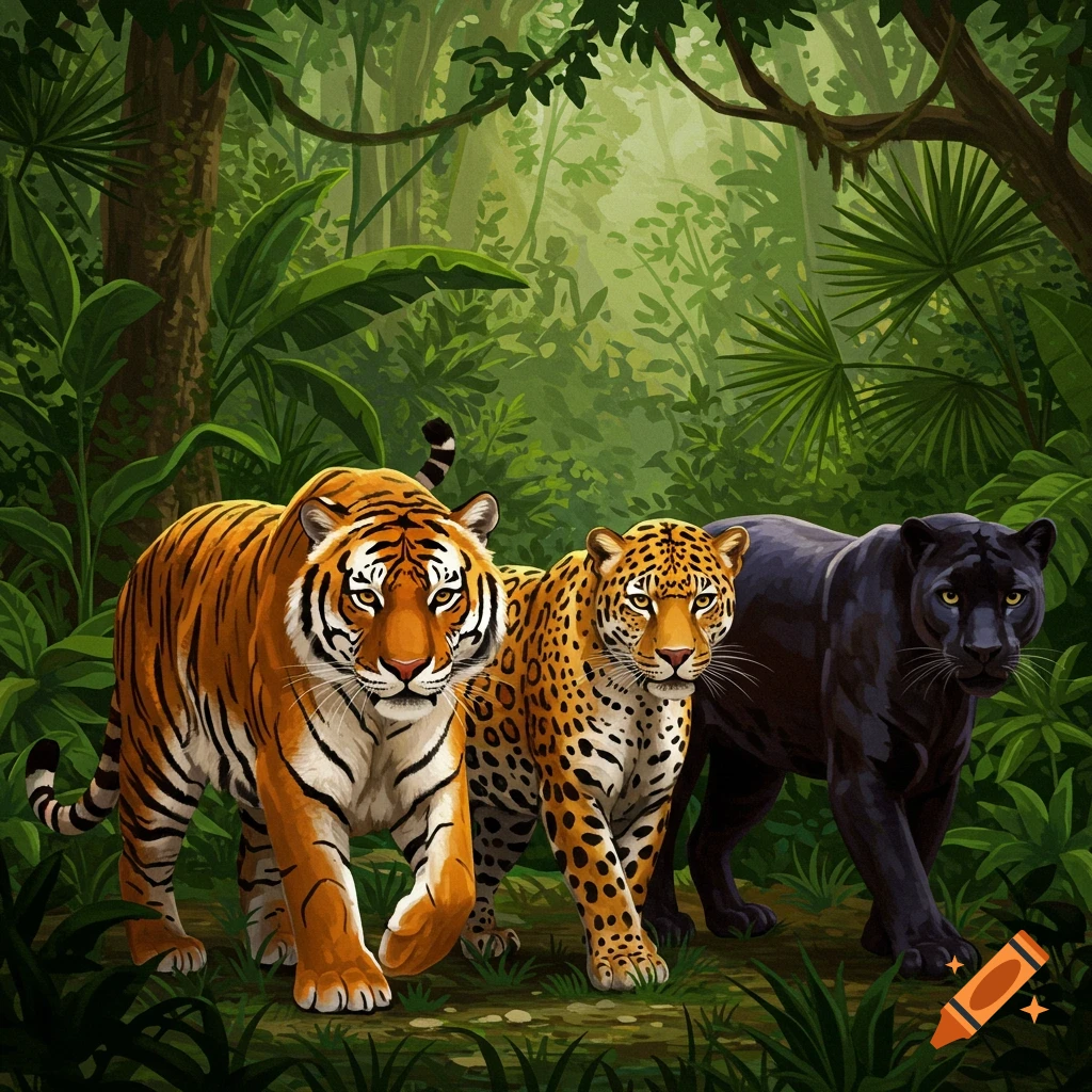 Tiger, leopard, and black panther walk through a lush jungle. Illustration.