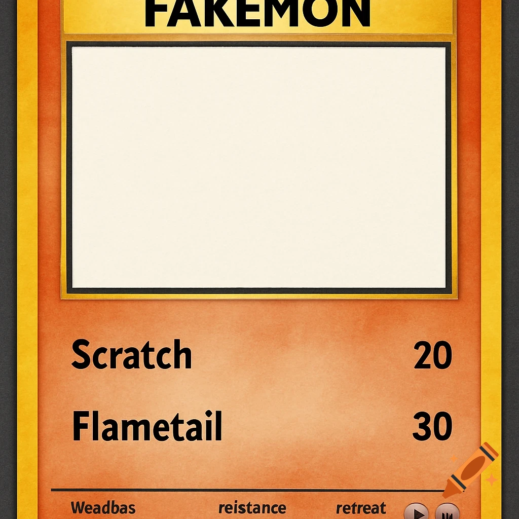 A blank trading card template in the style of a Pokemon card, with text like 'FAKEMON', attack names 'Scratch' and 'Flametail', and numbers 20 and 30.