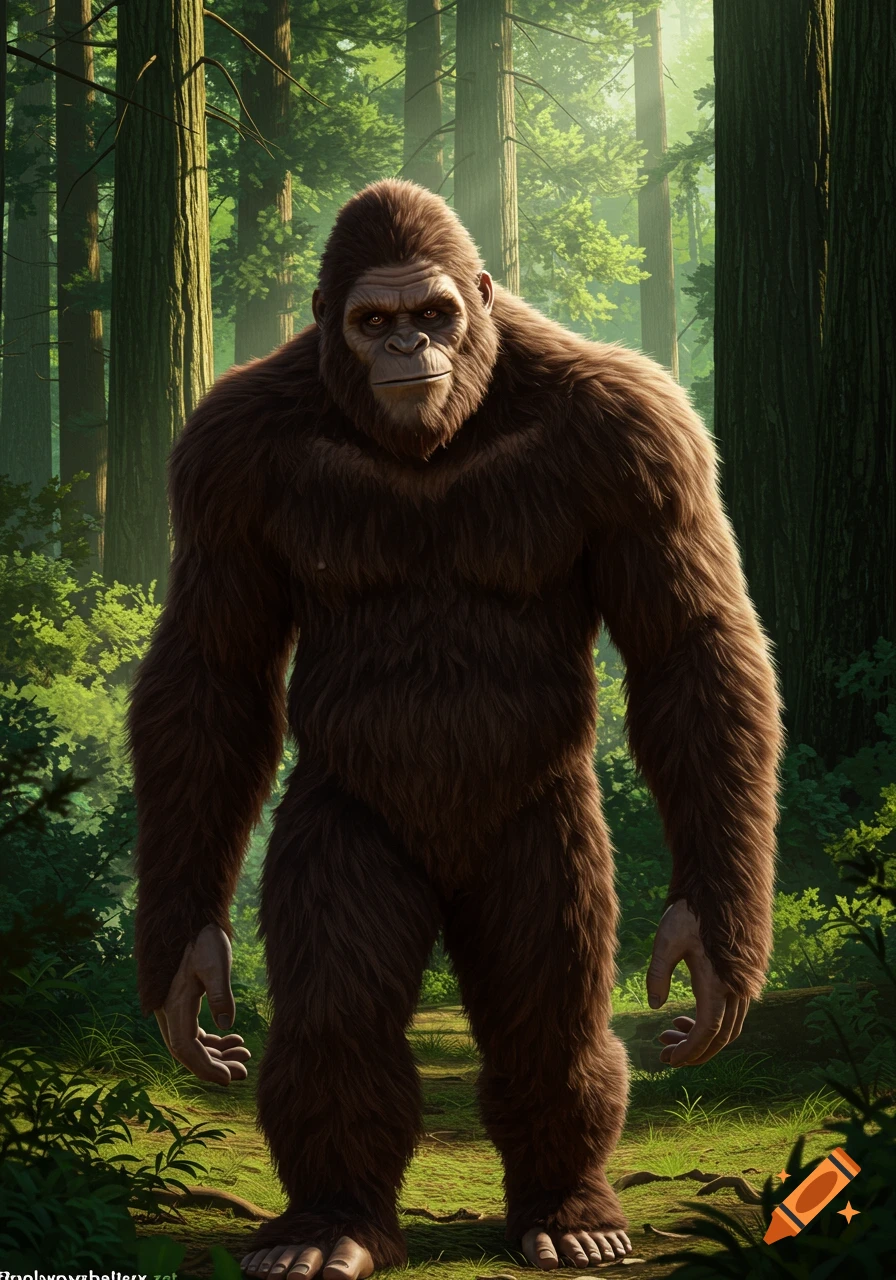 A large, furry Bigfoot stands in a sunlit forest.