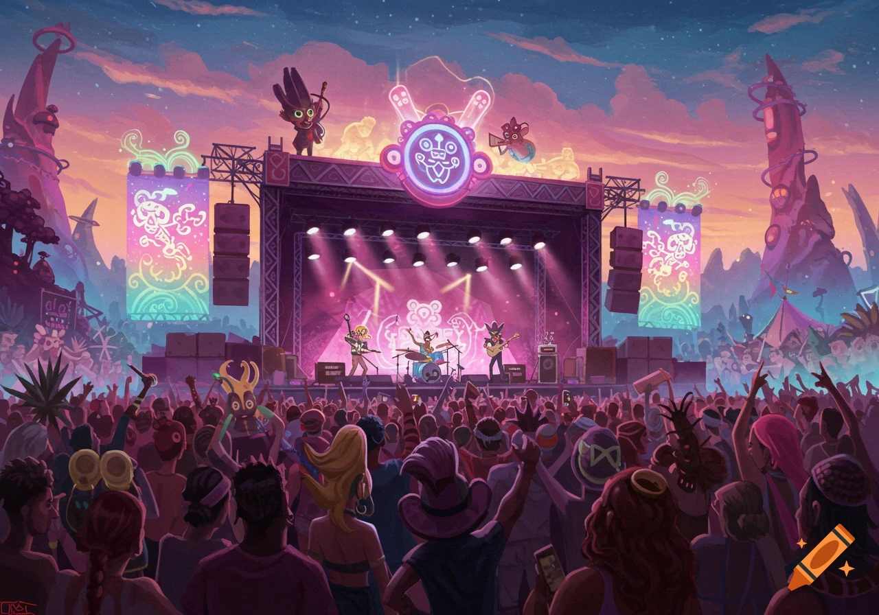 A vibrant fantasy art illustration of a music festival with a band on stage performing for a large crowd under a dramatic sky.