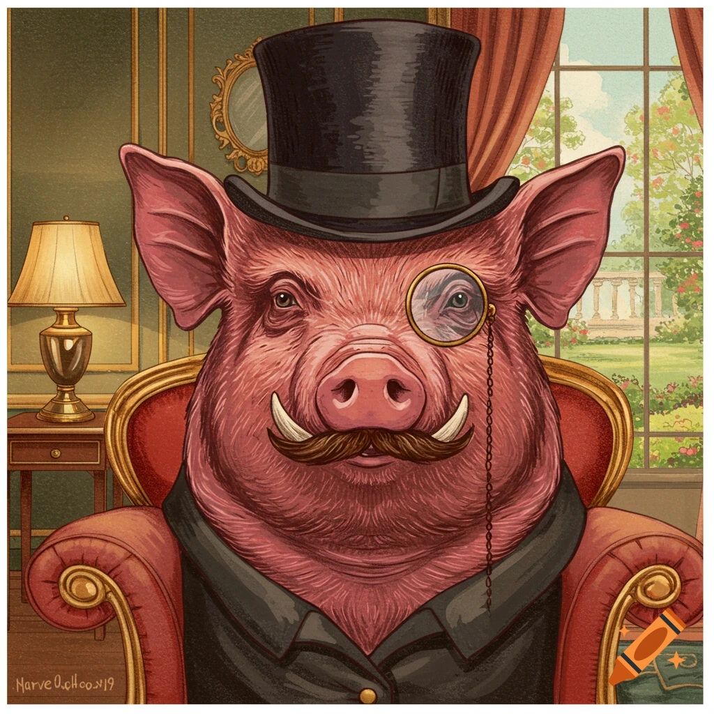 Illustration of a pig in a top hat, monocle, mustache, and vest, sitting in an armchair.