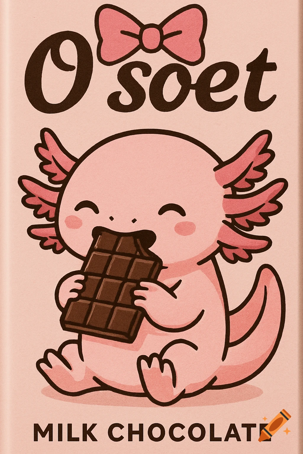 Illustration of a cute pink axolotl eating a chocolate bar on a light pink background with text "O so sweet MILK CHOCOLATE".