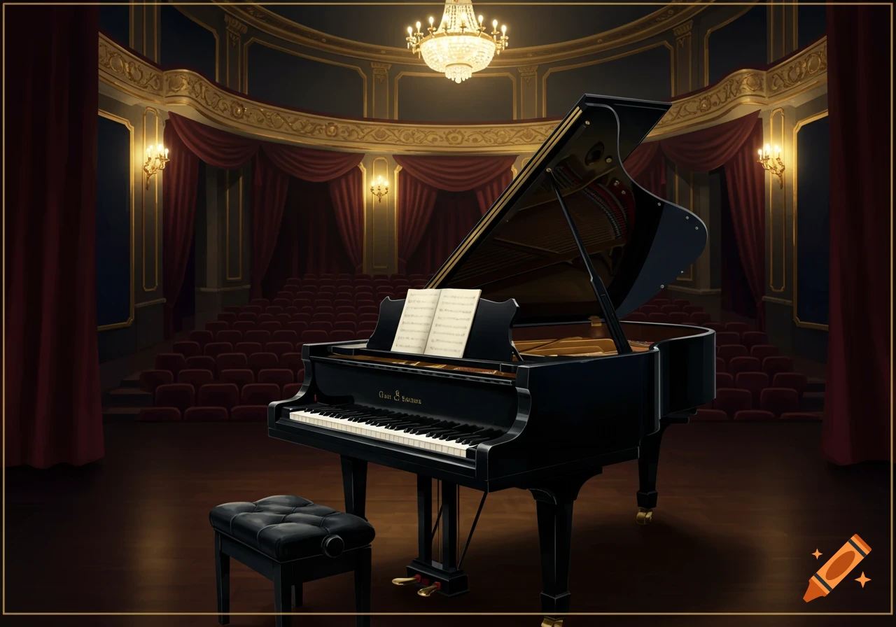 A black baby grand piano sits on a stage in an empty auditorium with red seats and a chandelier.