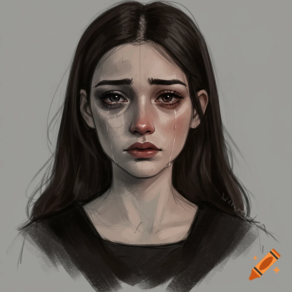A sketch drawing of a sad woman with tears and cracks on her face.