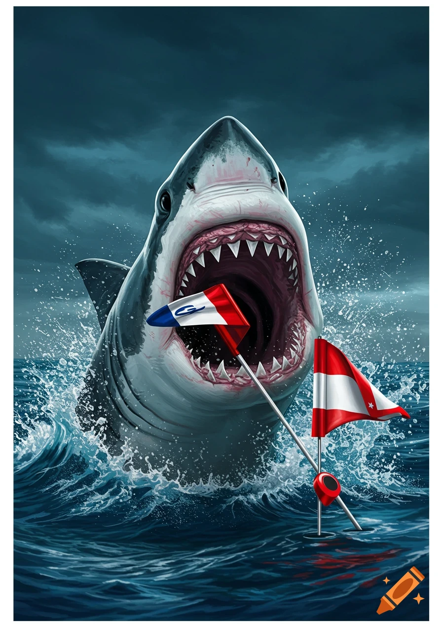 A great white shark leaps from dark water, mouth open, biting a golf flag. Another flag stands in the turbulent water.