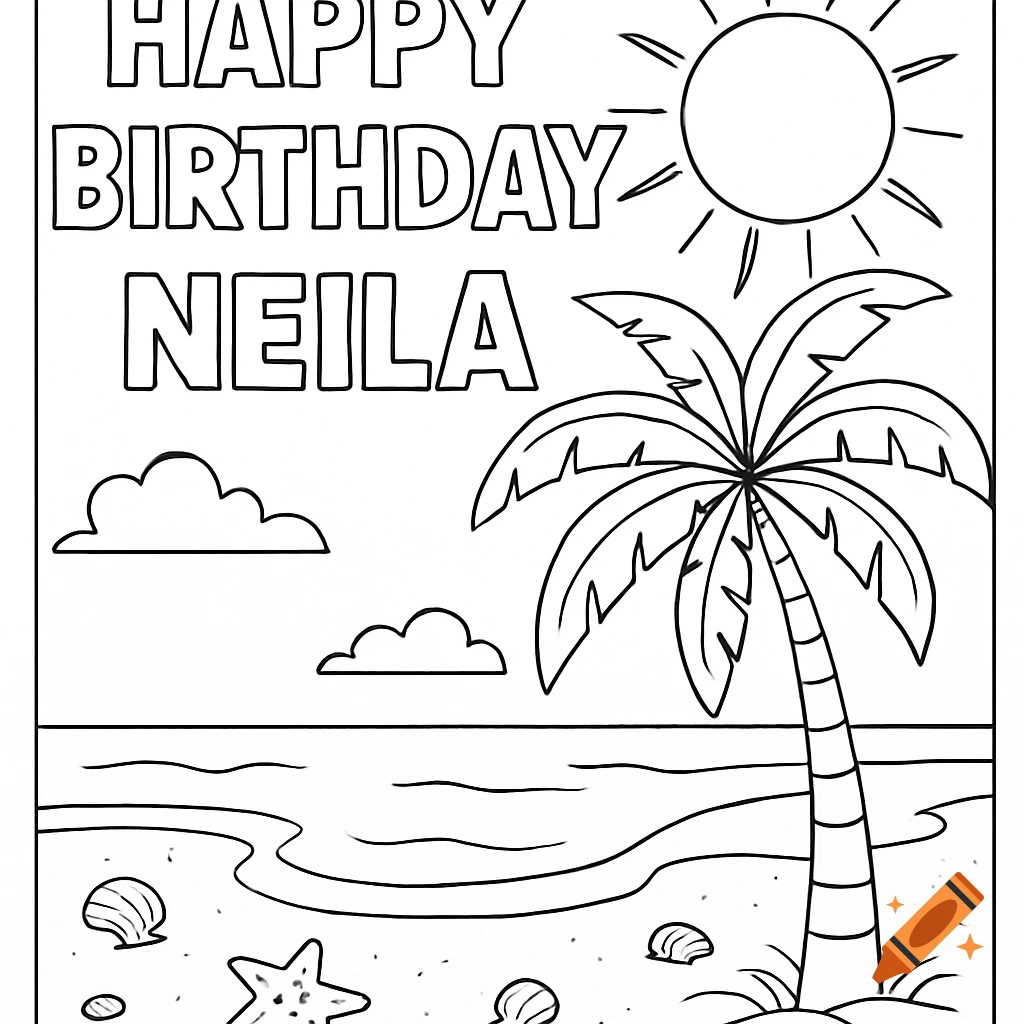 Black and white coloring page of a beach scene with a palm tree, sun, seashells, and the text 'HAPPY BIRTHDAY NEILA'.