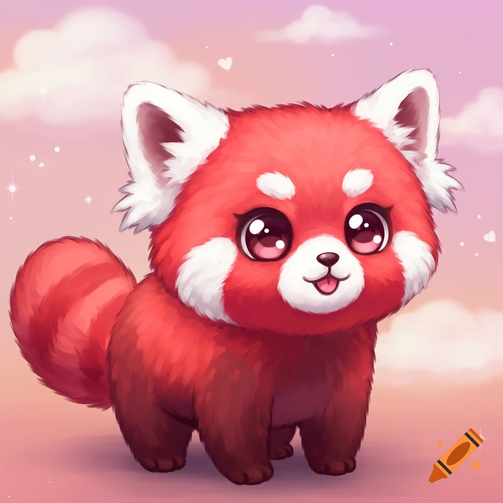 A cute cartoon red panda sits against a pink and purple cloudy sky with sparkles and hearts.