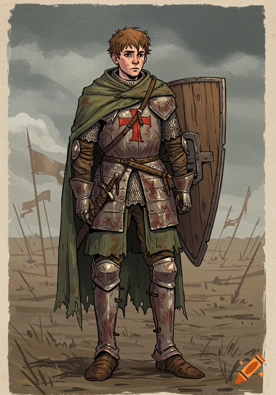 Drawing of a young knight in battered armor standing on a battlefield.