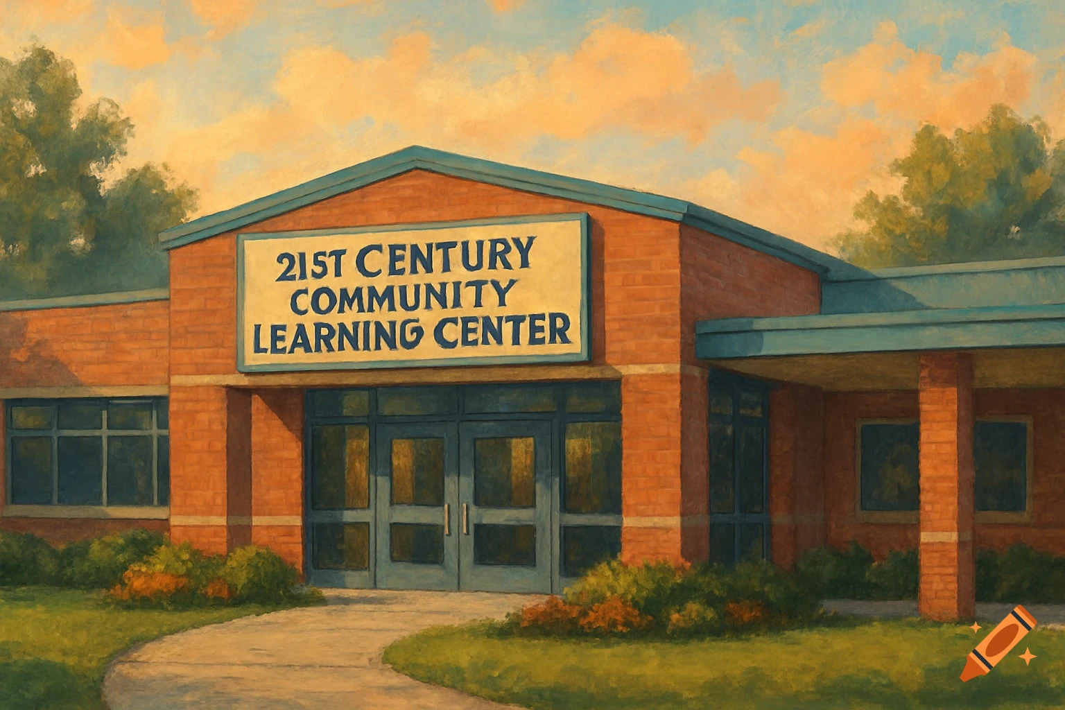 Painting of a red brick building with a sign reading '21st Century Community Learning Center'.