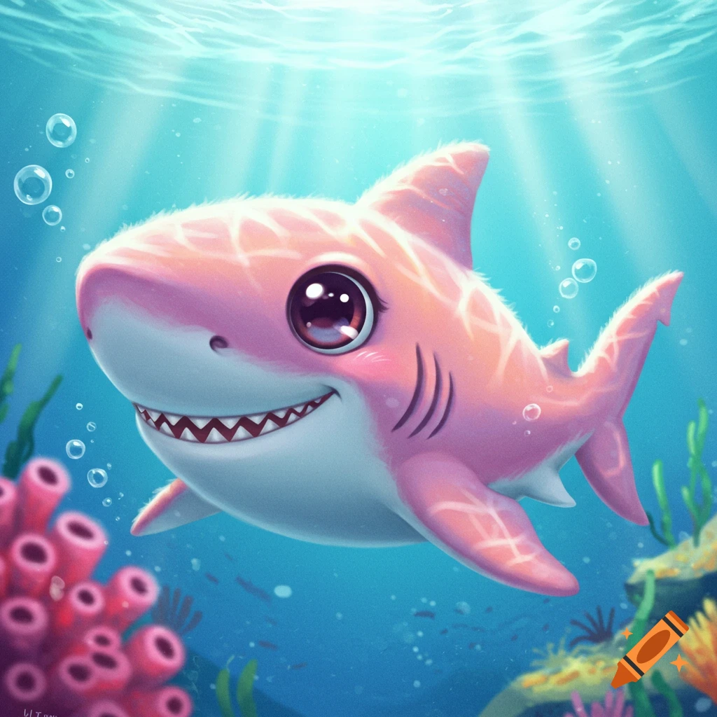 A cute cartoon pink shark smiles underwater among coral and bubbles