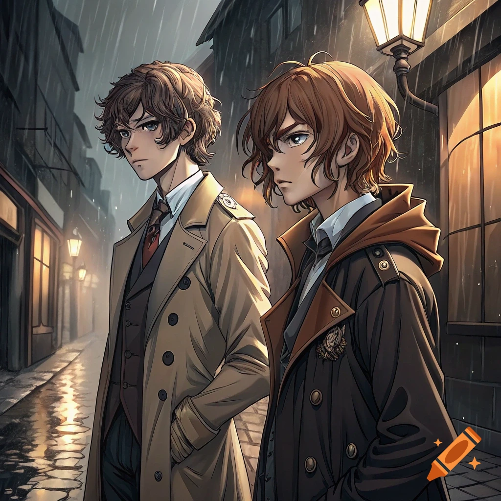 Two anime men in coats stand in a rainy city street at night.