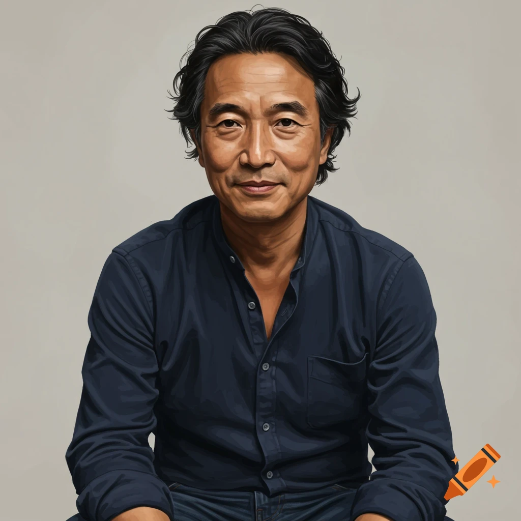 A portrait of an Asian man smiling and wearing a dark shirt against a plain background.