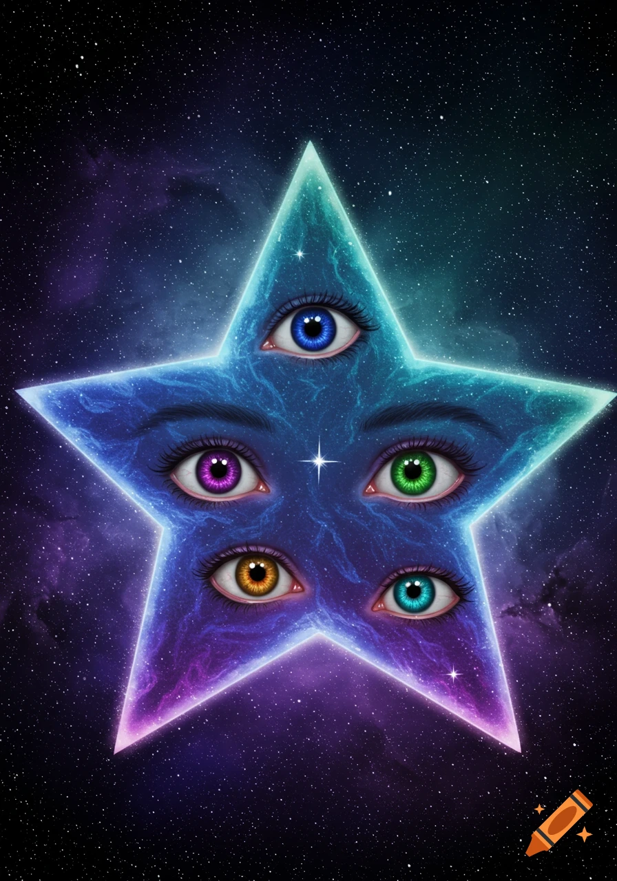 A blue star shape contains five human eyes with colorful irises, set against a dark, starry space background.