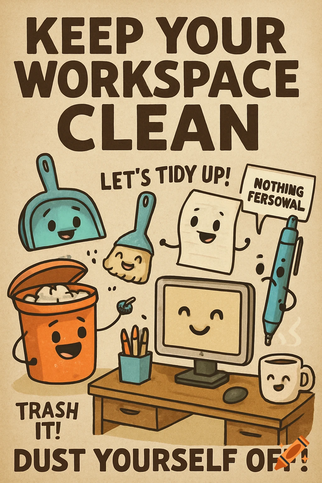 Cartoon poster with anthropomorphic cleaning supplies and office items promoting a clean workspace.
