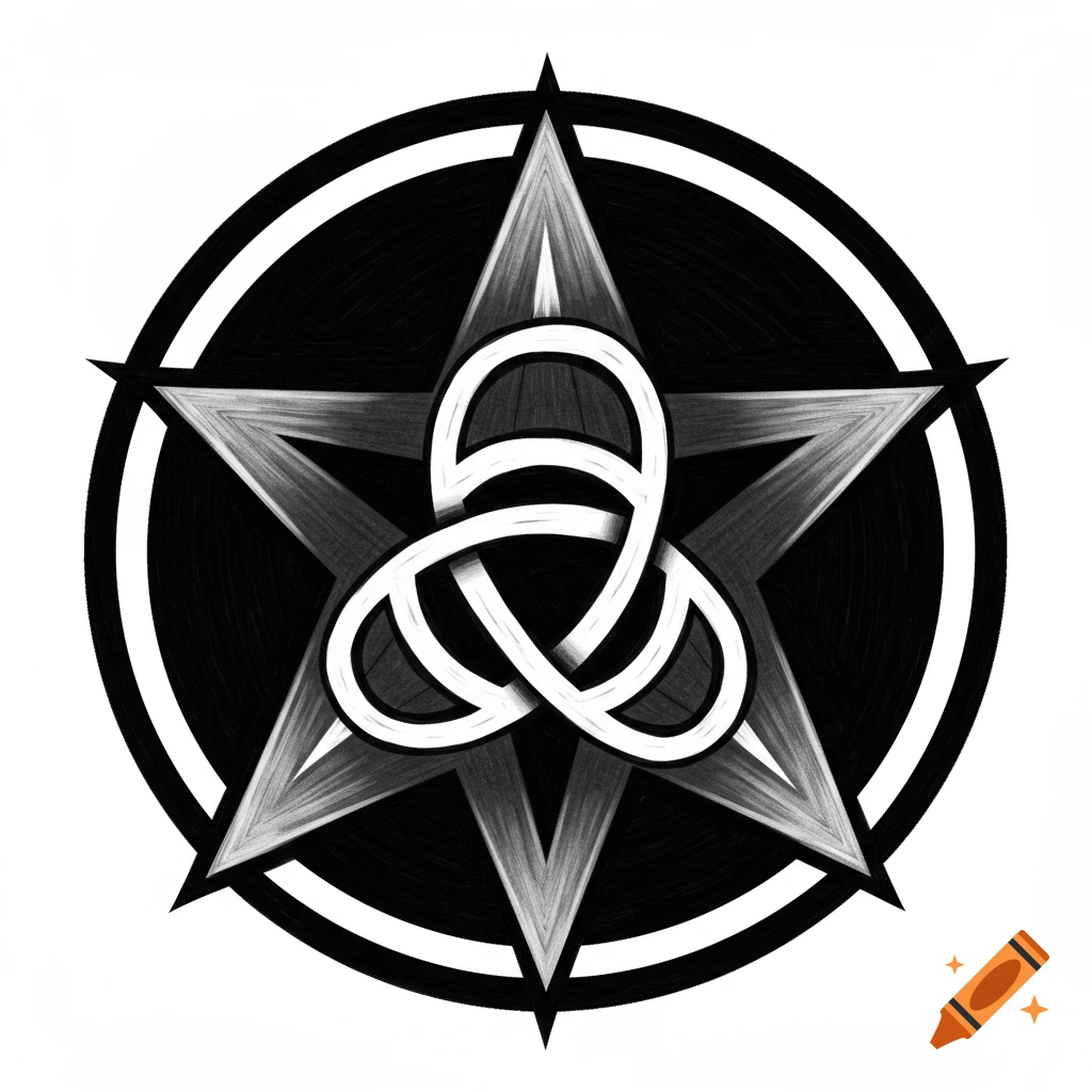 Black and white drawing of a triquetra symbol within a five-pointed star inside a circle.