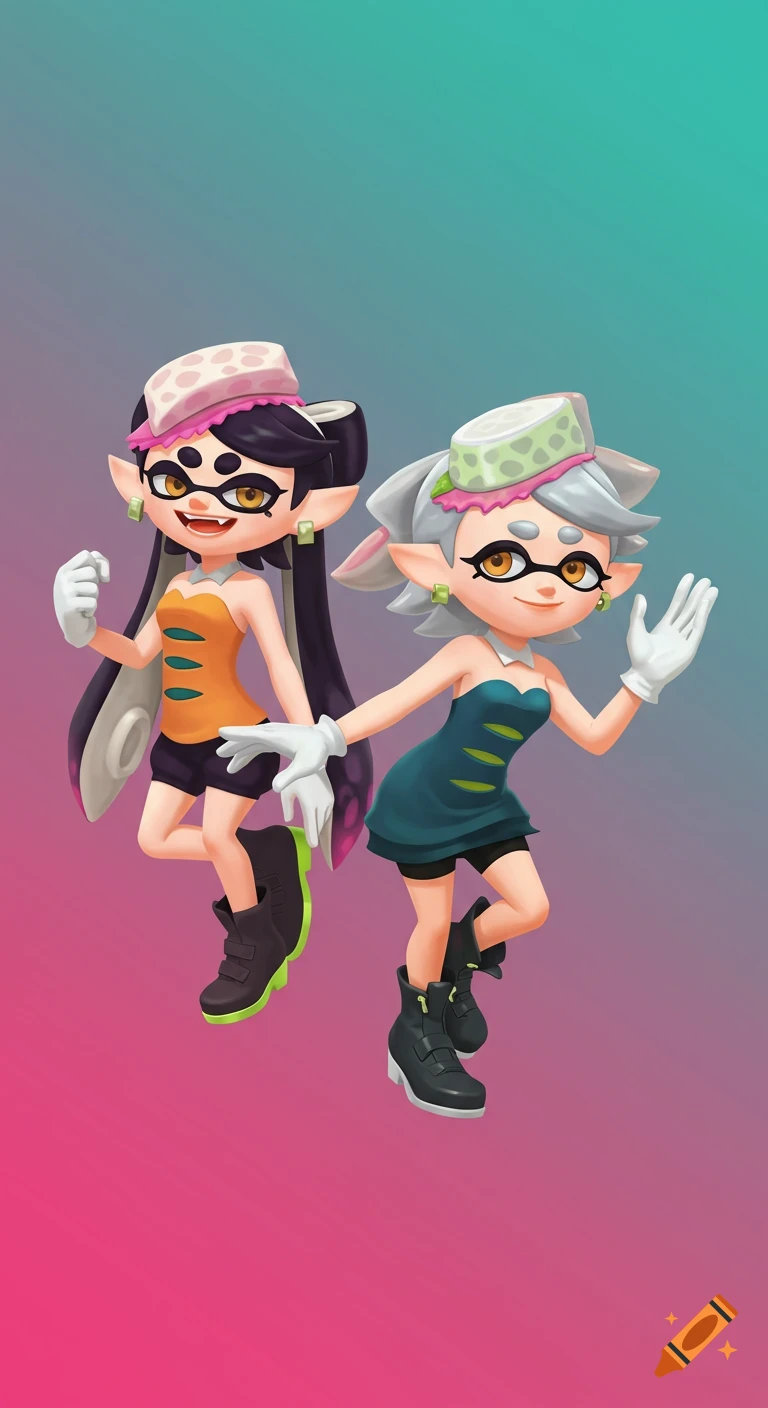 Two stylized anime-like characters resembling the Squid Sisters from Splatoon floating against a gradient background.
