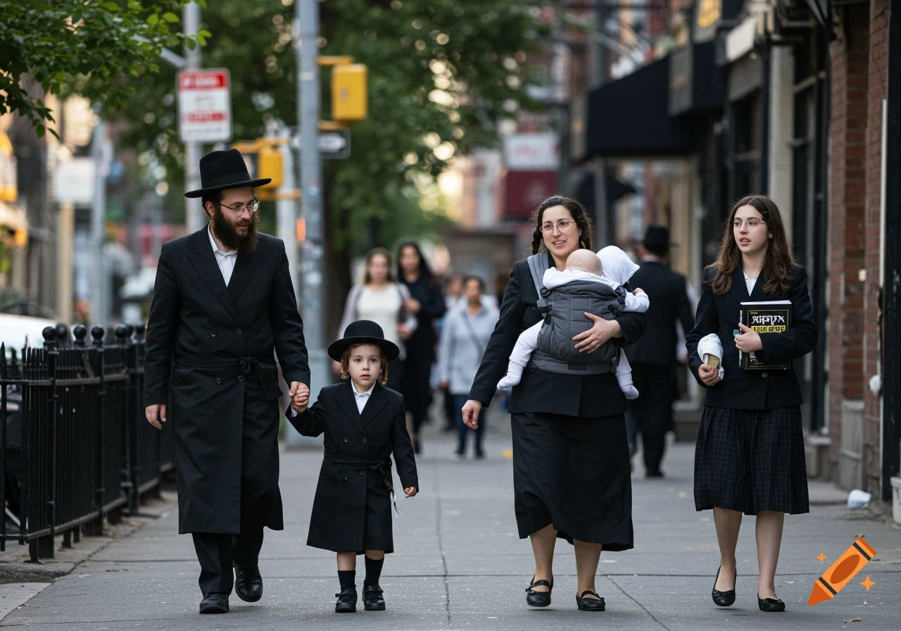 A Hasidic Jewish family walks down a city street, including a man, a woman with a baby carrier, and two children.