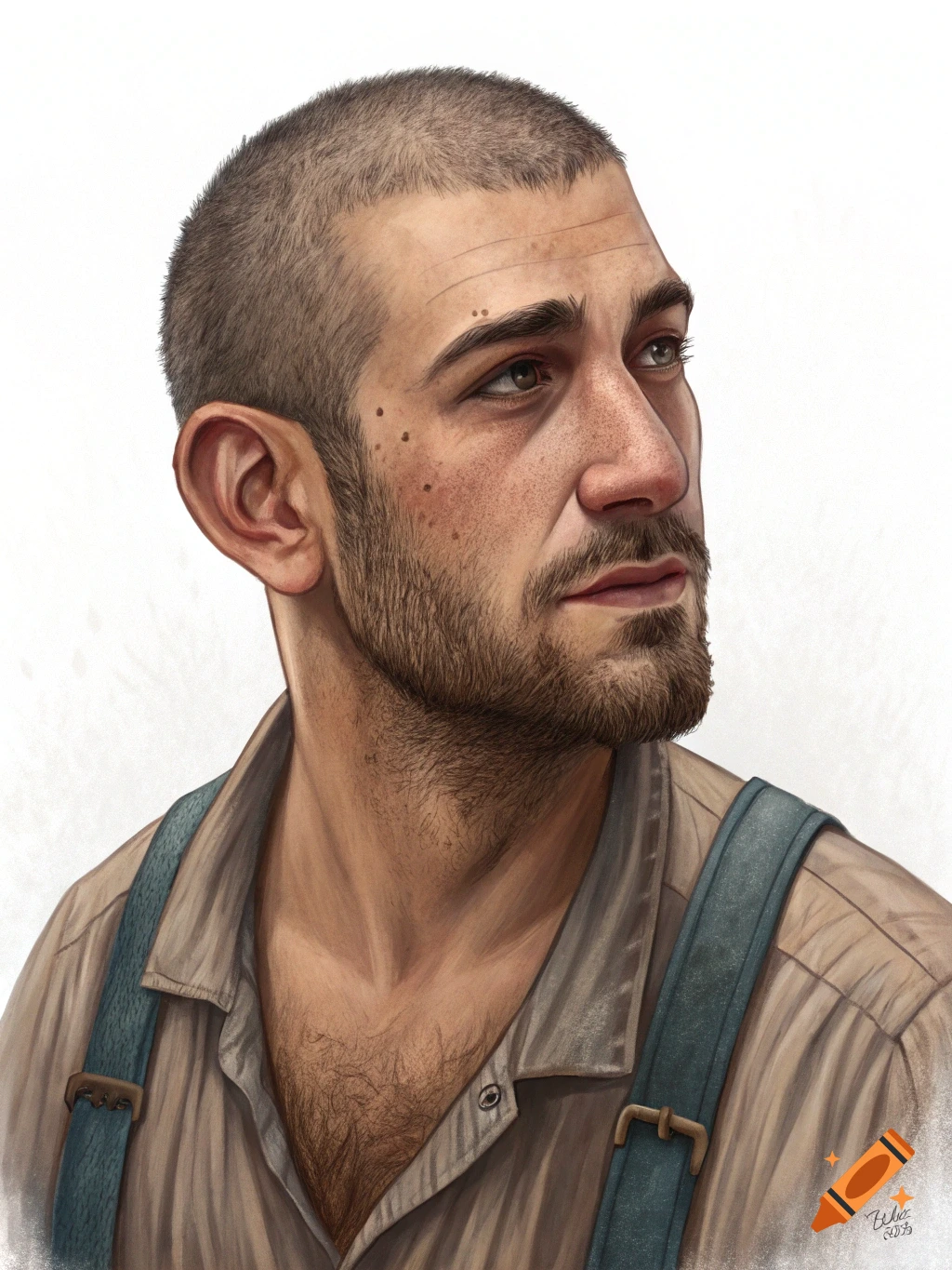 Realistic painted portrait of a man with buzz cut and beard wearing overalls.