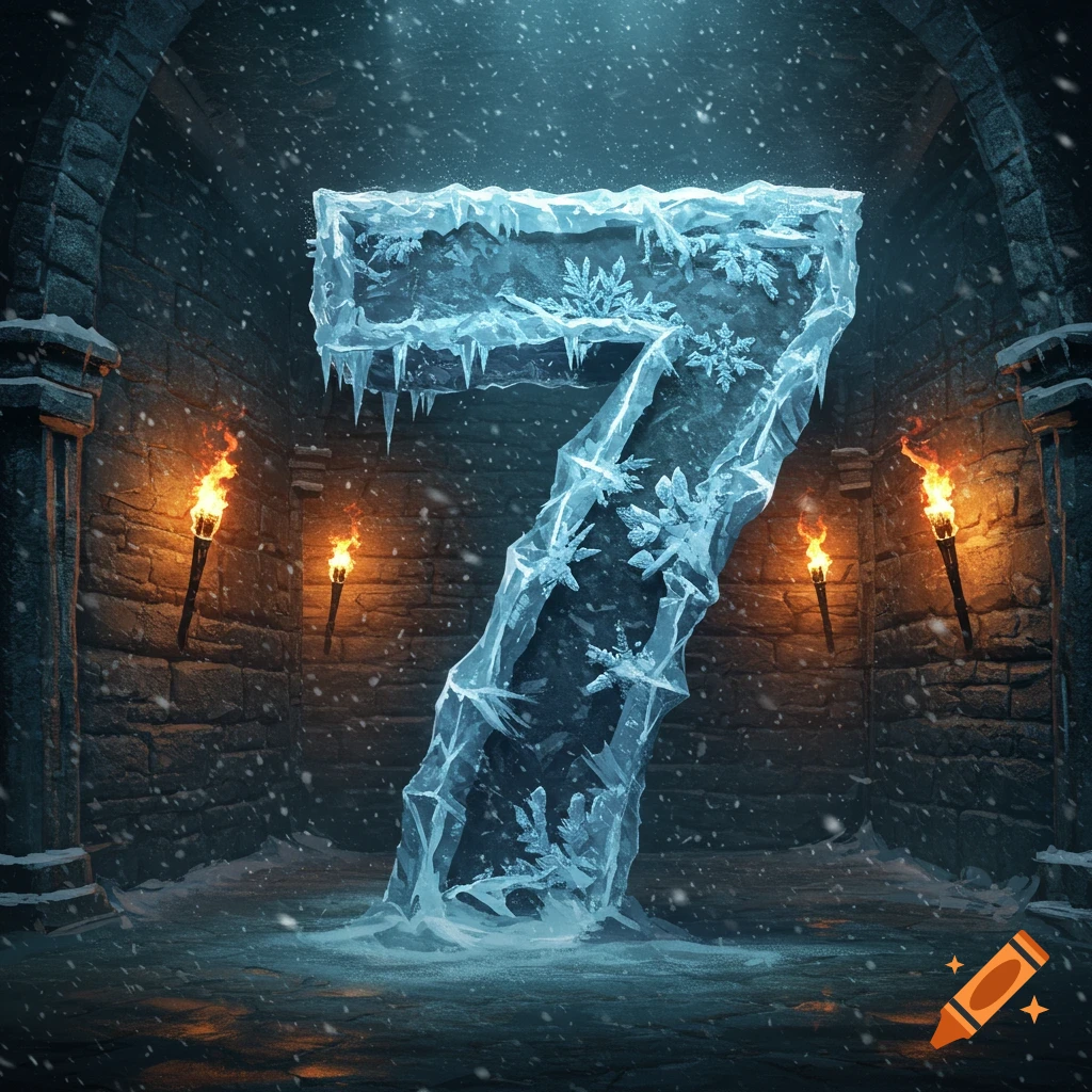 A large number 7 made of ice and frost stands in a dark stone dungeon with torches and falling snow.