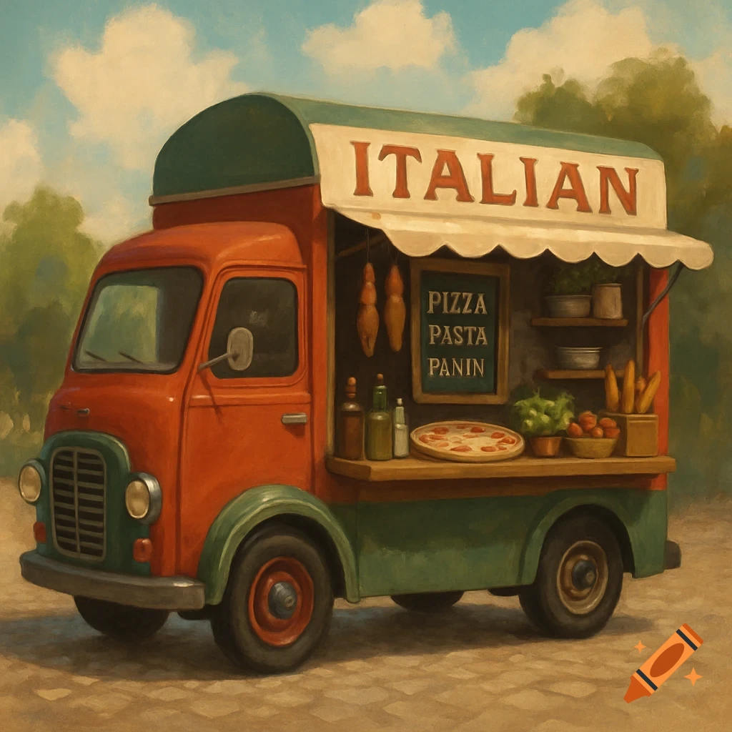A painted illustration of an Italian food truck parked outdoors with text reading 'ITALIAN' and a menu.