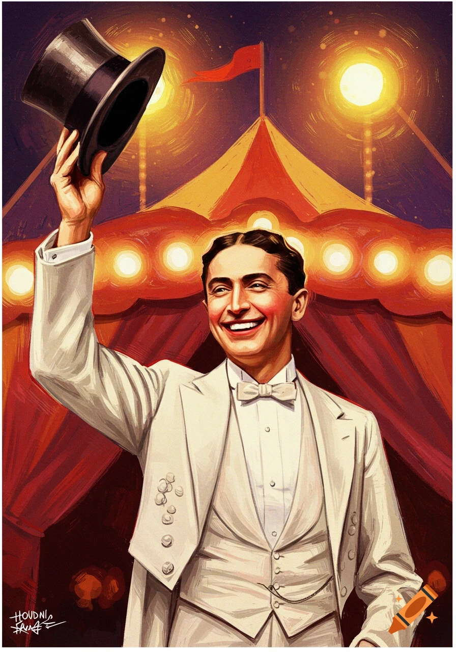 Smiling man in a tuxedo lifts a top hat against a circus tent background.