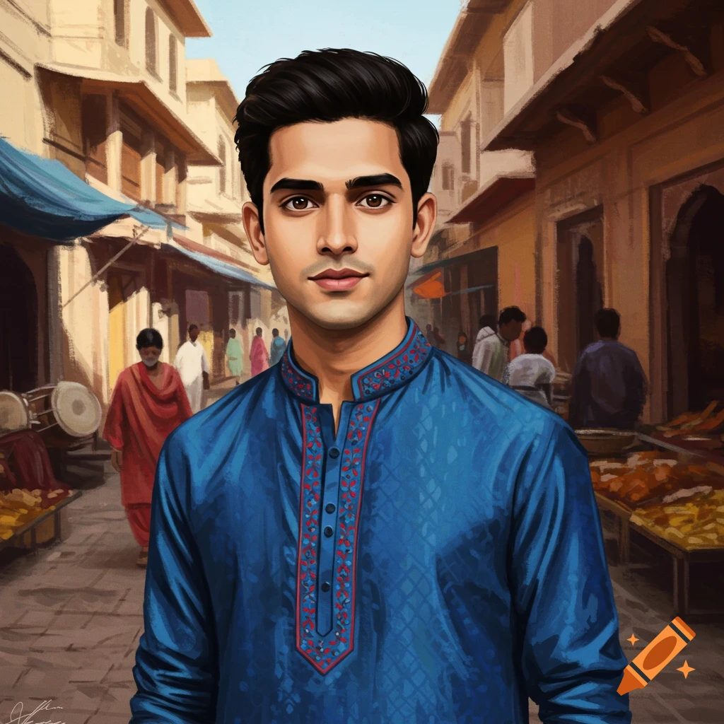 Digital painting of a young man in a blue kurta standing in a busy Indian market street.
