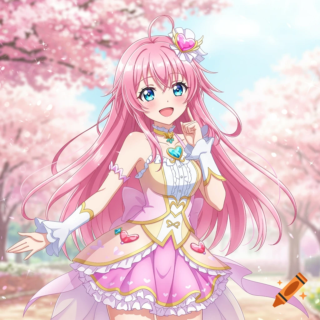 Anime girl with pink hair and blue eyes in a frilly pink dress standing among cherry blossoms.