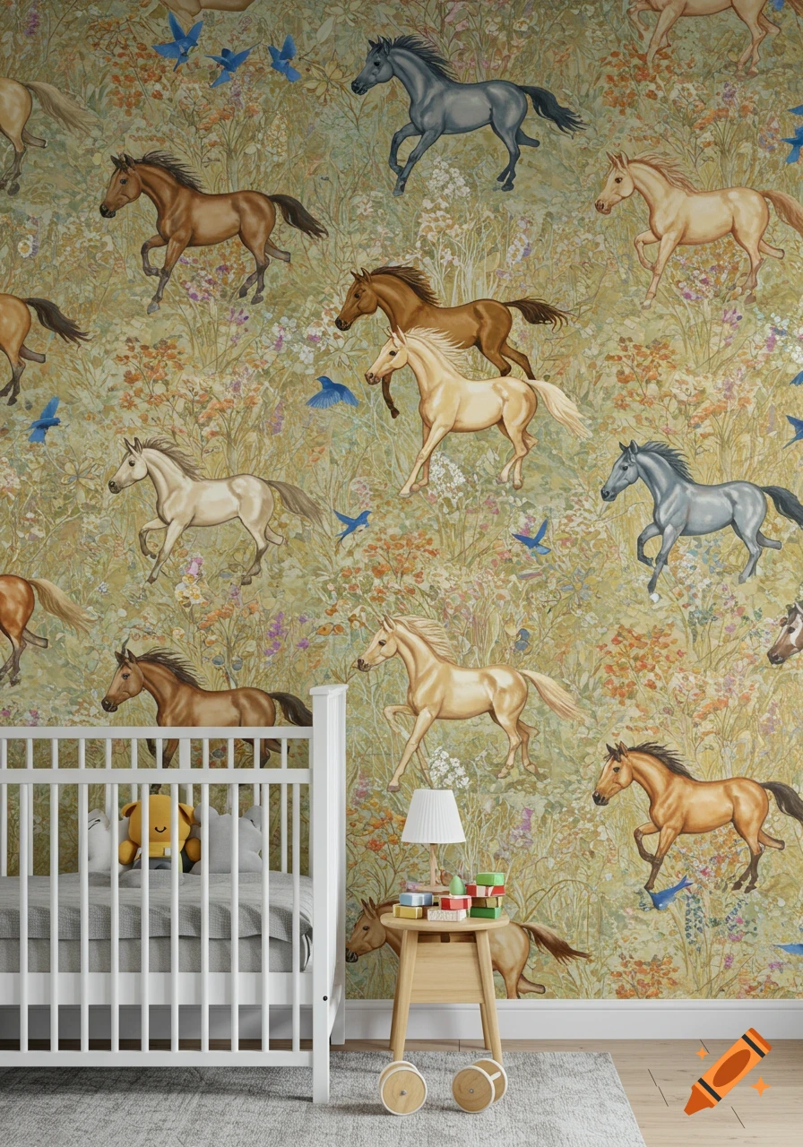 Nursery room with wallpaper featuring a pattern of horses and birds behind a white crib and a wooden stool.