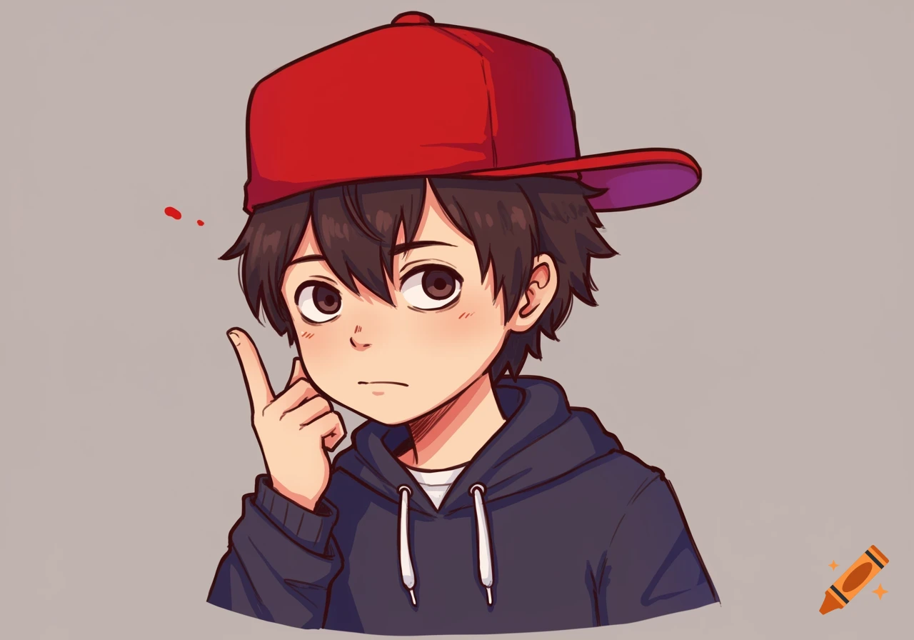 Anime illustration of a person in a red baseball cap and blue hoodie, pointing up