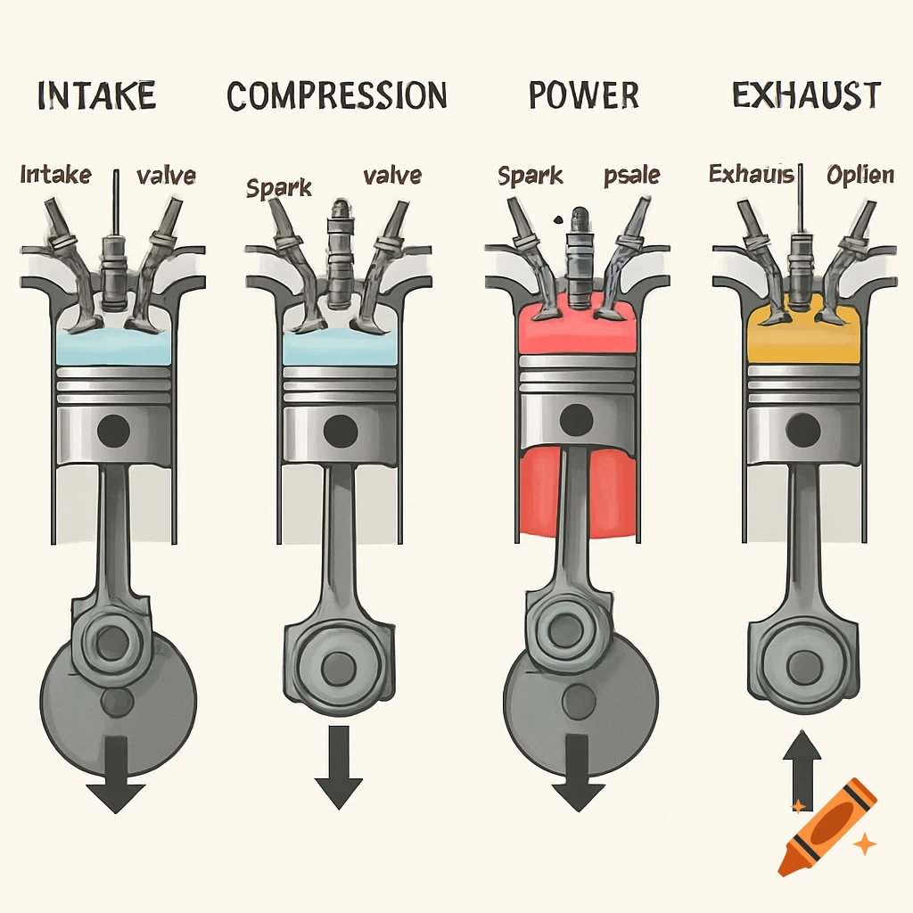 Illustration showing the four strokes of an engine: intake, compression, power, and exhaust.