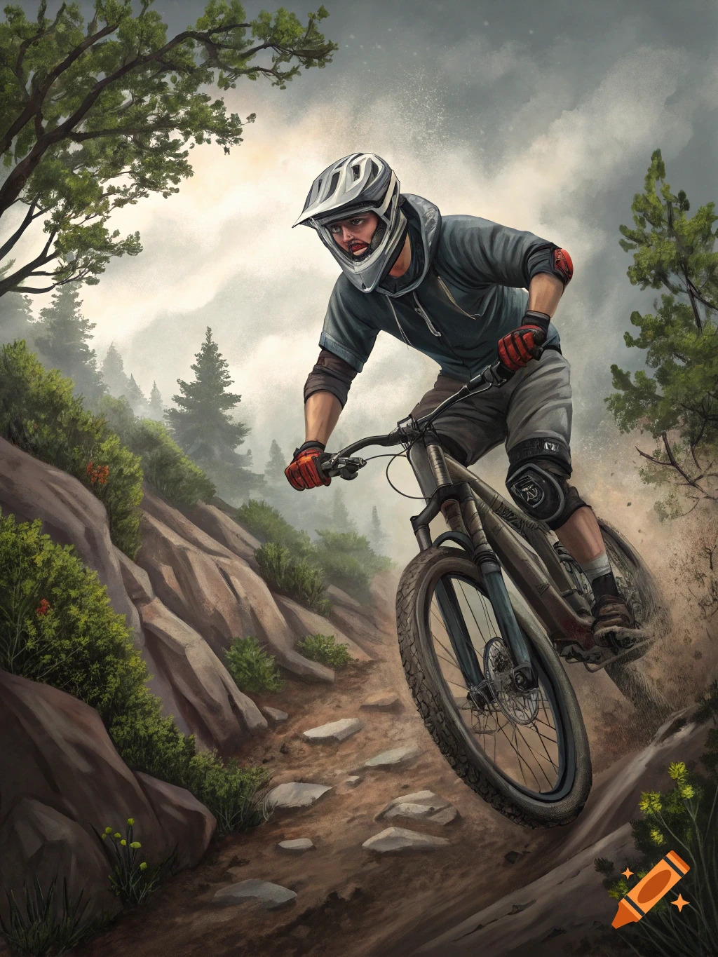 An illustration of a person riding a mountain bike downhill on a rocky forest trail.