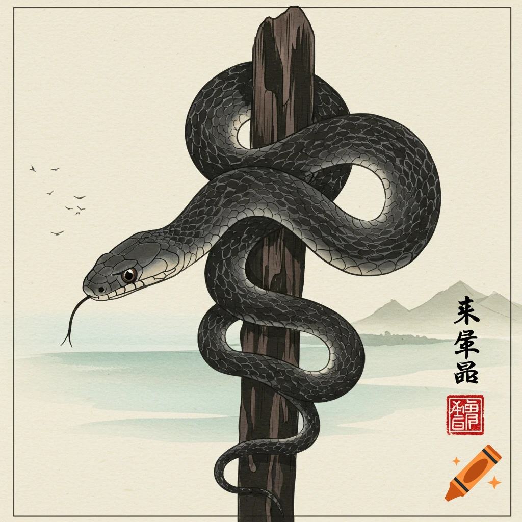 Japanese style art of a black snake wrapped around a wooden pole, with misty mountains and water in the background.