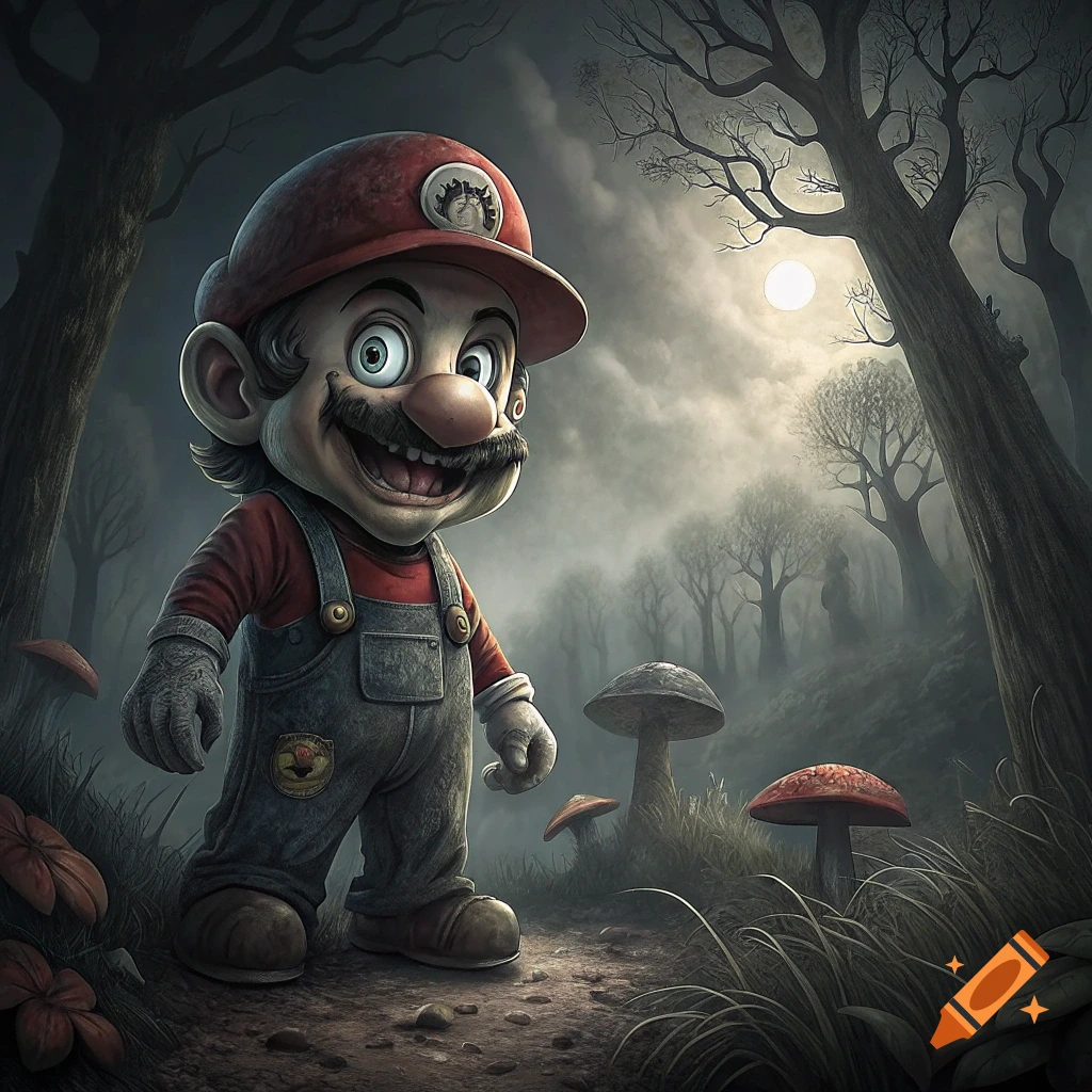 Creepy Mario stands in a dark forest with large mushrooms under a hazy moon.