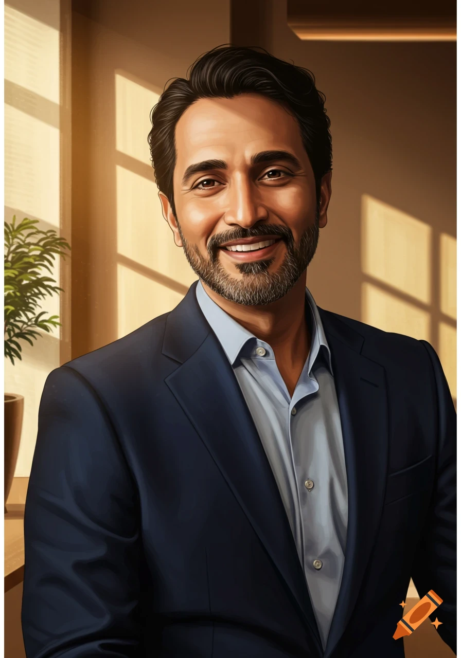 Smiling man with beard and mustache in blue suit portrait, painted style.