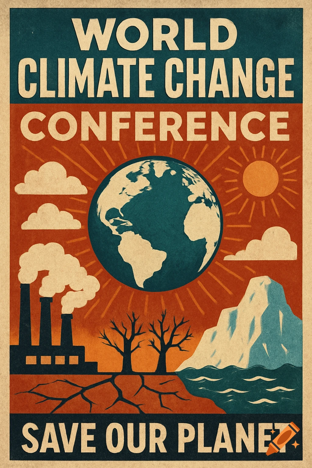 Vintage style poster about climate change with Earth, factories, dead trees, and melting ice, with text 'World Climate Change Conference Save Our Planet'.