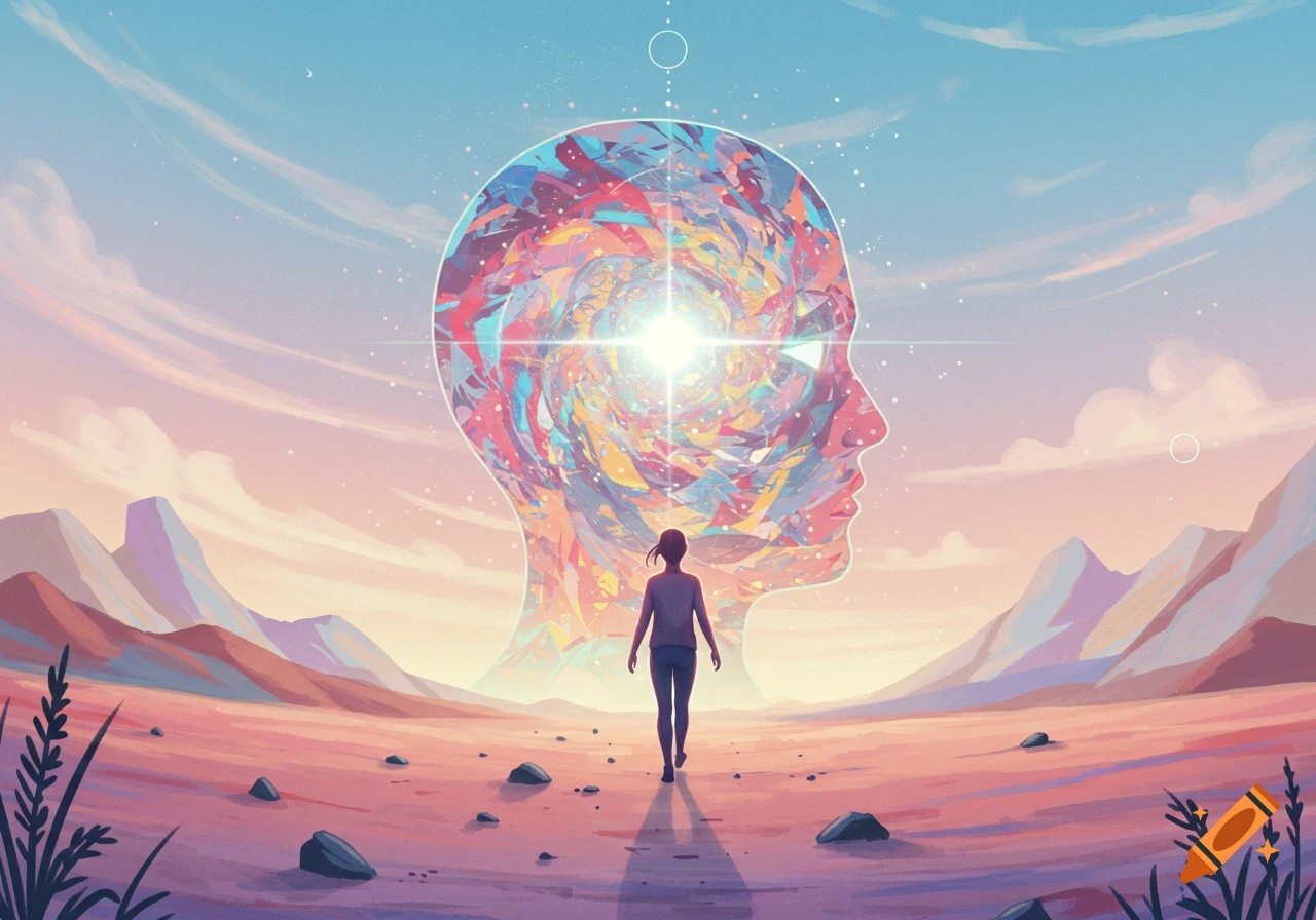 Person walks through a desert towards a large surreal head shape filled with colorful patterns under a sunset sky.