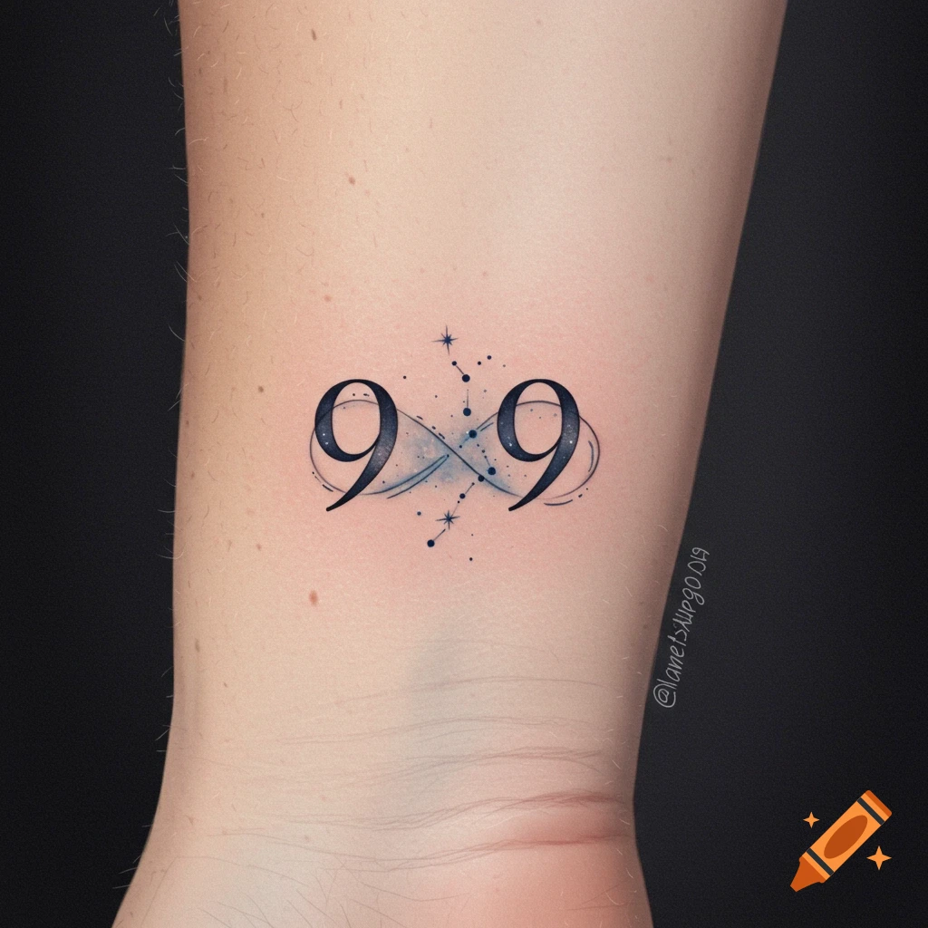 Minimalist tattoo of two 9s linked by a starry infinity symbol on a wrist