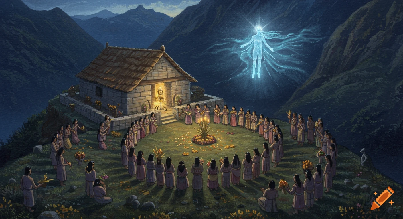 Watercolor painting of a nighttime ceremony with people gathered outside a temple in mountains as a glowing figure descends from the sky.