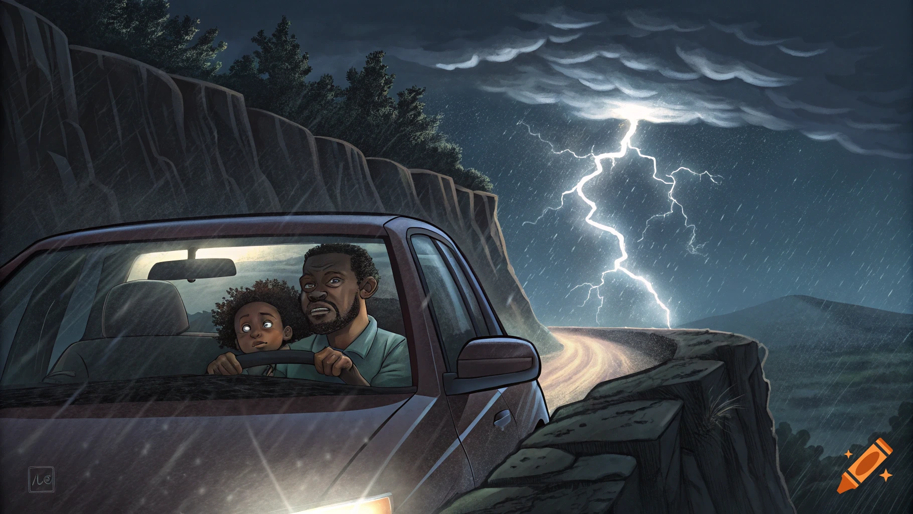 Illustration of scared father and daughter driving on cliff road during stormy night with lightning.