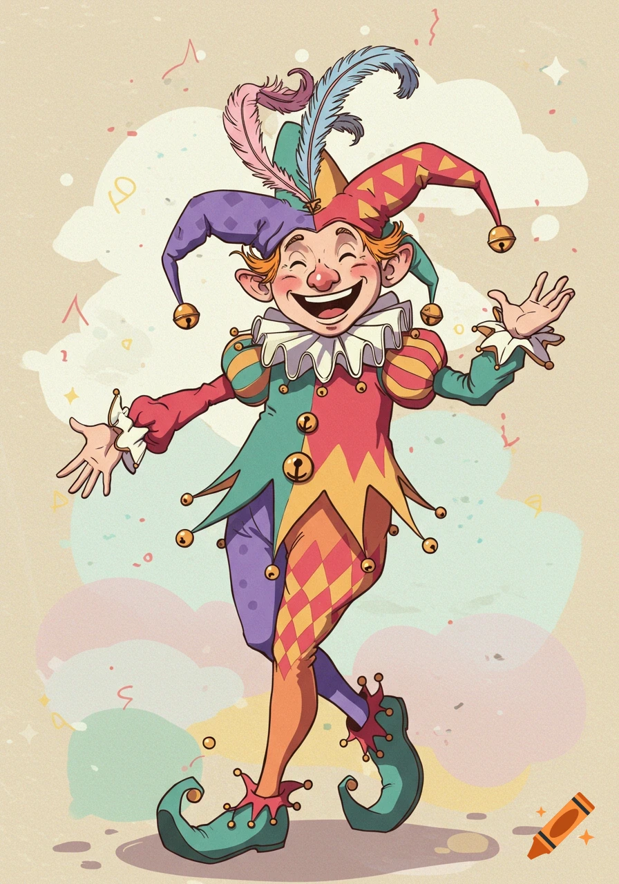 Cartoon illustration of a joyful jester in a colorful costume.
