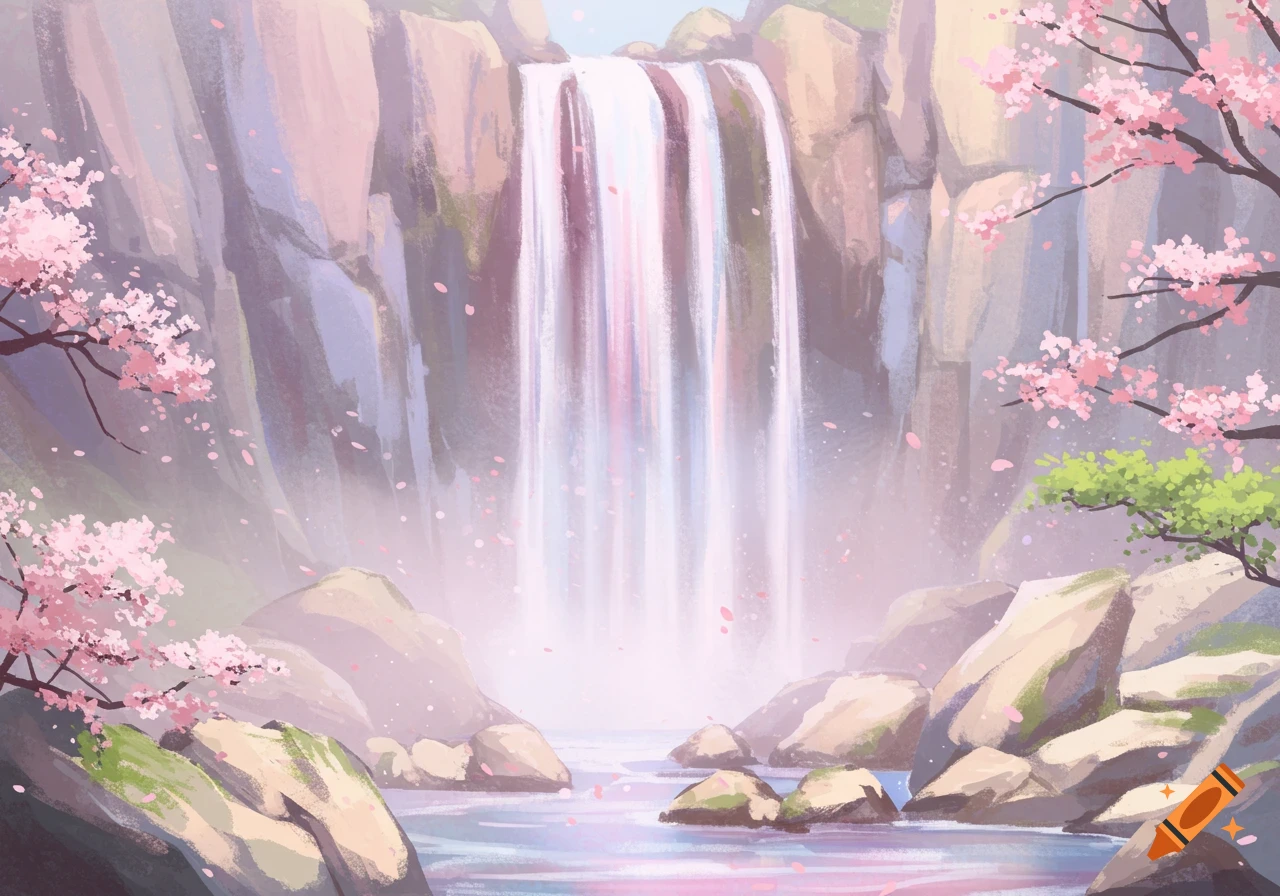 A pastel watercolor painting of a waterfall cascading down rocks surrounded by cherry blossoms and falling petals.