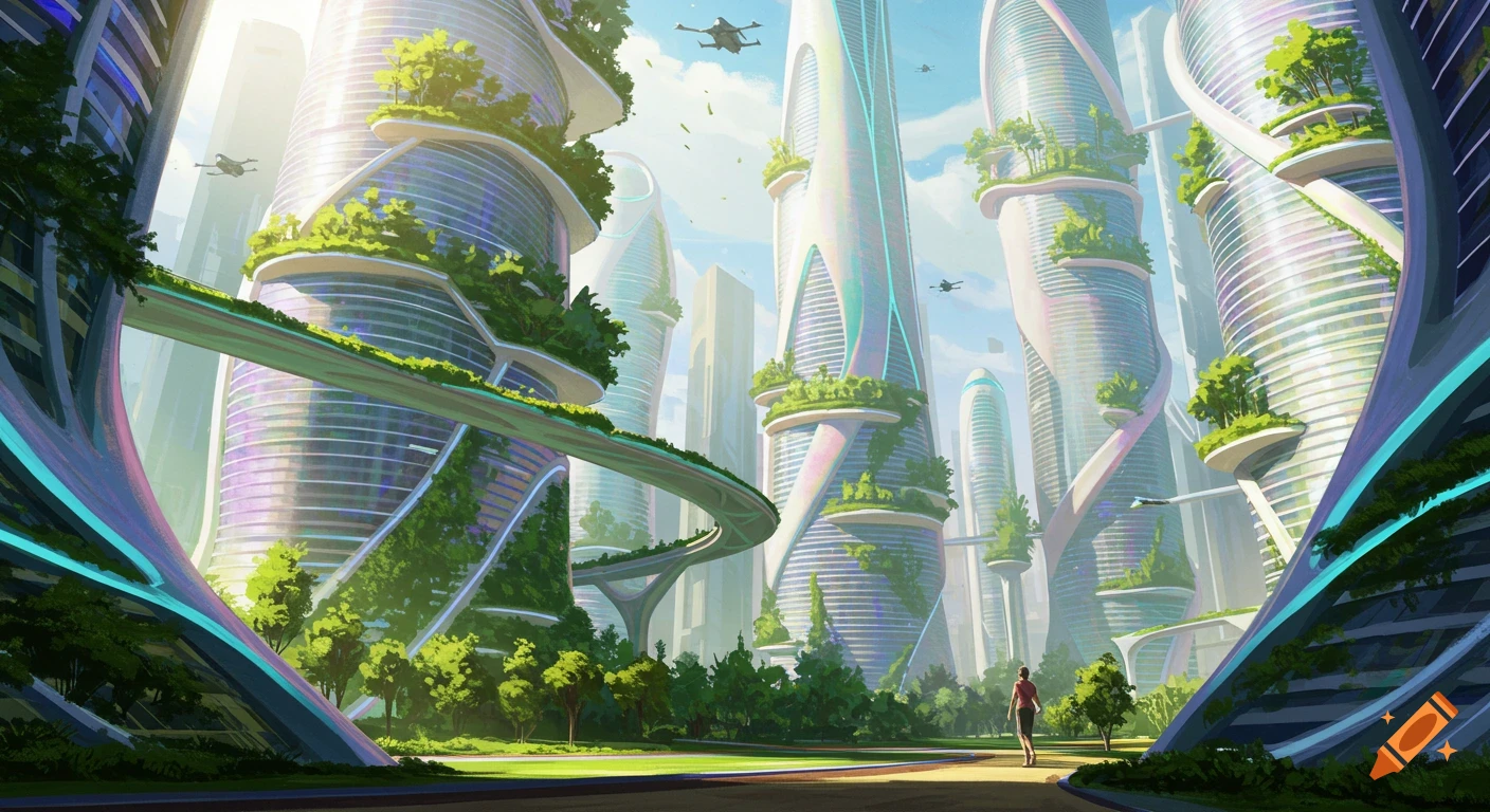 Illustration of a futuristic eco-city with green skyscrapers, skywalks, flying vehicles, and a person walking.