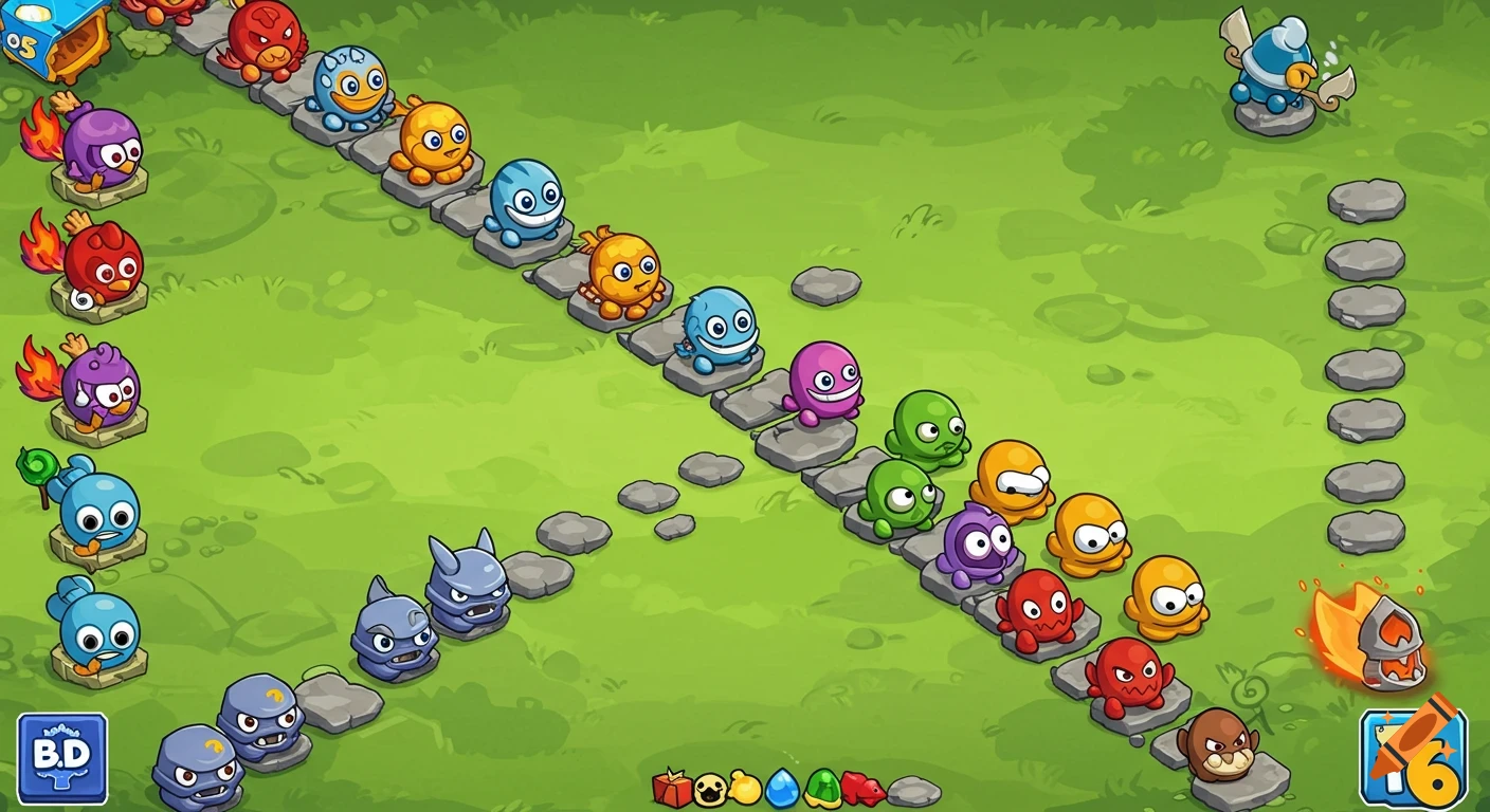 A cartoony game scene with colorful blob-like characters on a stone path.