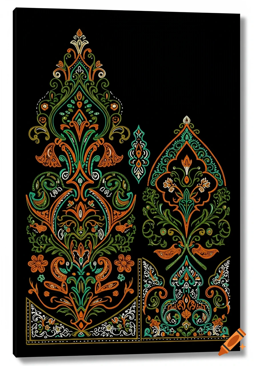 Art deco pattern with Indian motifs in orange, green, and white on black